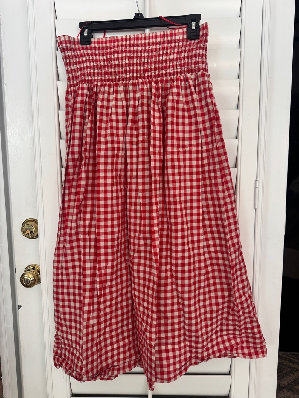 Red and White Gingham Smocked Midi Skirt